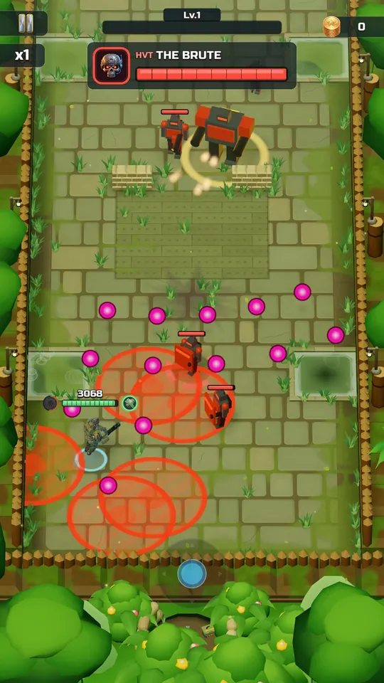 A boss fight with red telegraph rings on the floor