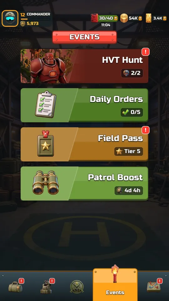 The events screen with daily orders and the Field Pass
