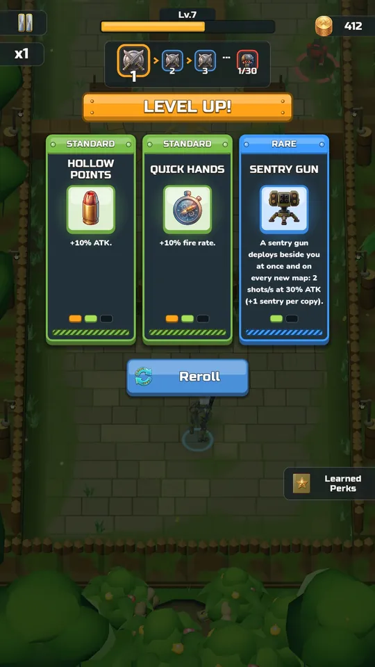 The level-up screen with three perk cards